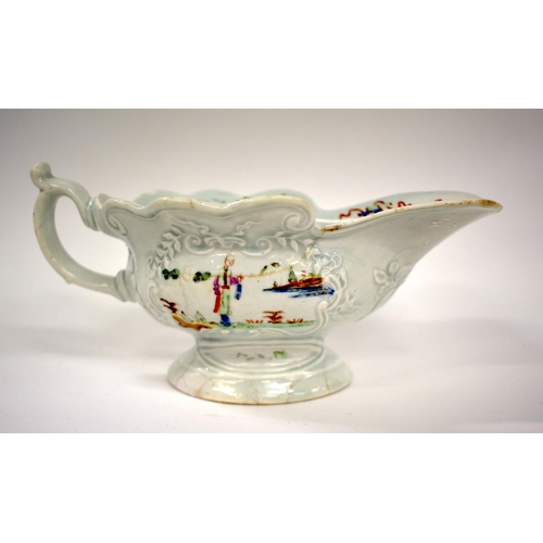 241 - 18th century Worcester early sauceboat of moulded high footed form painted with oriental figures on ... 