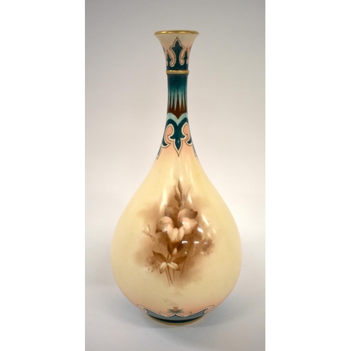 242 - 19th century Hadley Worcester tear drop shaped vase painted in sepia with flowers under a multi colo... 