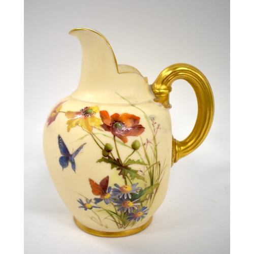 243 - Royal Worcester jug printed and painted with flowers and butterfilies in the manner of Edward Raby, ... 