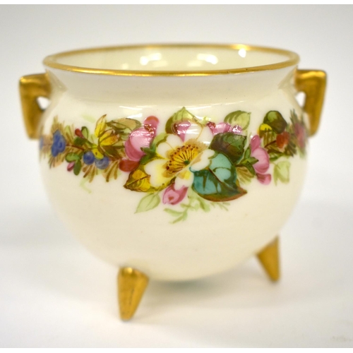 245 - Royal Worcester two handled vase with three feet vase painted with a band of flowers by Geo. Hundley... 