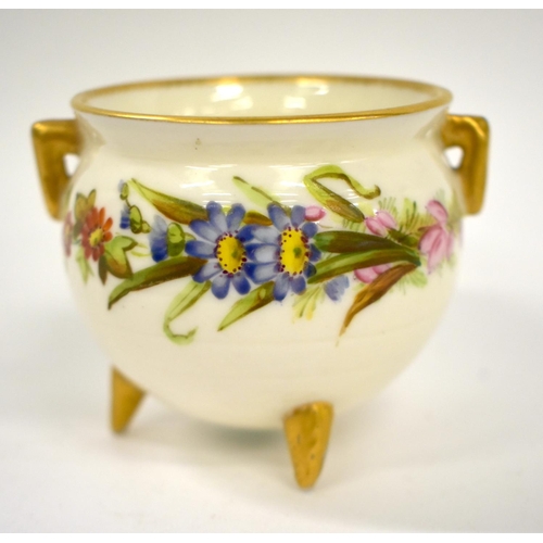 245 - Royal Worcester two handled vase with three feet vase painted with a band of flowers by Geo. Hundley... 