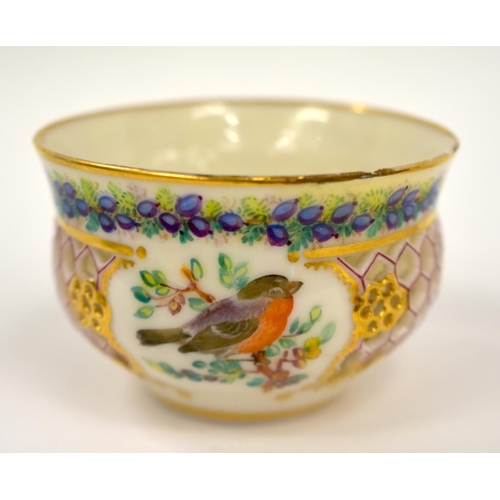 257 - 19th century Royal Worcester reticulated cup and saucer painted with flowers, and birds red mark (ch... 