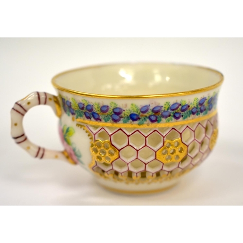 257 - 19th century Royal Worcester reticulated cup and saucer painted with flowers, and birds red mark (ch... 