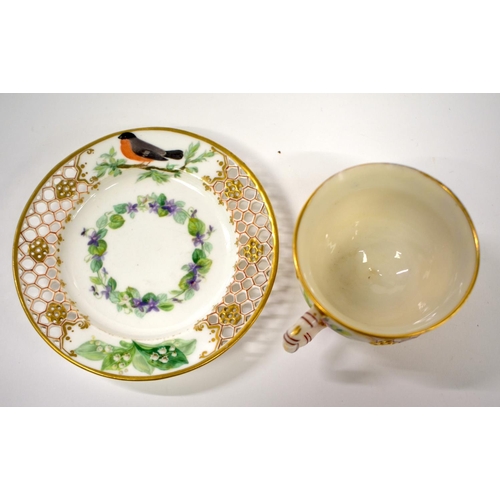 257 - 19th century Royal Worcester reticulated cup and saucer painted with flowers, and birds red mark (ch... 