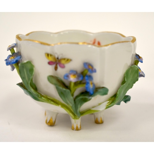 261 - 19th century Meissen floral encrusted cup and saucer painted with flowers and insects, crossed sword... 