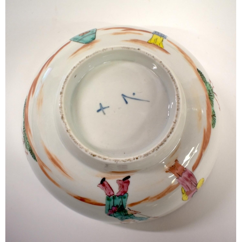 262 - 18th century Bristol bowl painted with oriental figures, X7 mark in blue.  14.5cm diameter