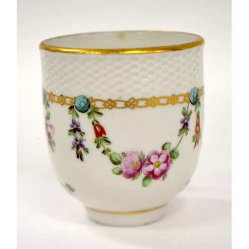 264 - 18th century Bristol coffee cup and saucer with moulded basket weave border painted with floral swag... 