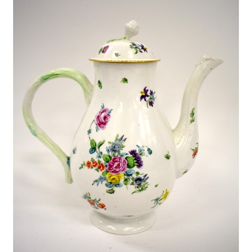 265 - 18th century Bristol coffee pot and cover painted with two large bouquets and scattered sprigs, labe... 