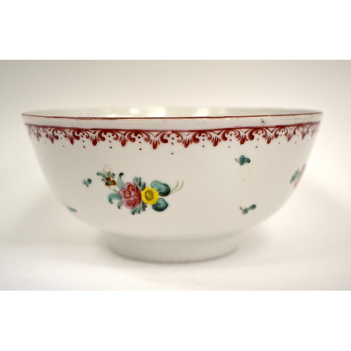 267 - 18th century Plymouth bowl painted with scattered leaves and flower sprays under a violet border.  1... 