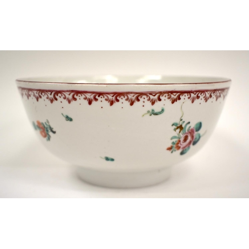 267 - 18th century Plymouth bowl painted with scattered leaves and flower sprays under a violet border.  1... 