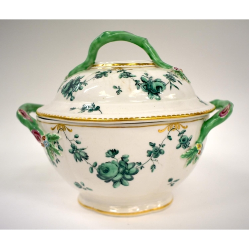 272 - Chelsea Derby two handled tureen and cover painted in green monochrome with floral swags, gilt denti... 