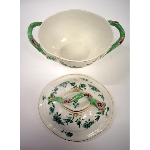 272 - Chelsea Derby two handled tureen and cover painted in green monochrome with floral swags, gilt denti... 