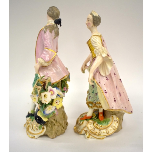 280 - 19th century Derby Regency figures of dancers he wearing a pink coat over a patterned waistcoat and ... 