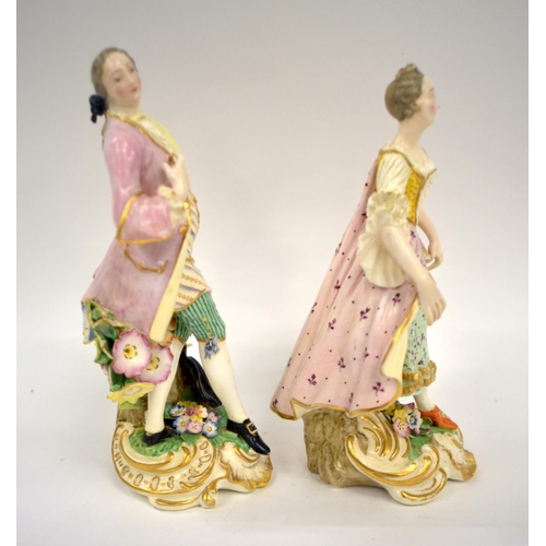 280 - 19th century Derby Regency figures of dancers he wearing a pink coat over a patterned waistcoat and ... 