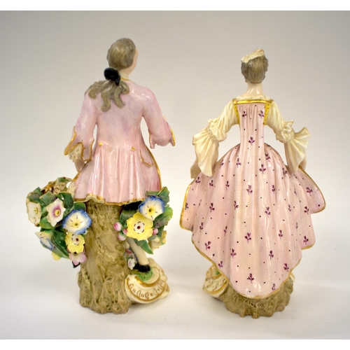 280 - 19th century Derby Regency figures of dancers he wearing a pink coat over a patterned waistcoat and ... 