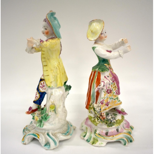 281 - 18th century Bow pair of figures of New Dancers standing upon a scroll moulded and pierced base, anc... 