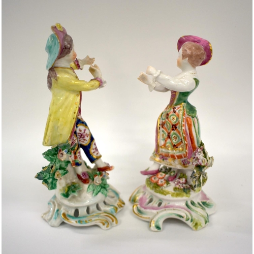 281 - 18th century Bow pair of figures of New Dancers standing upon a scroll moulded and pierced base, anc... 