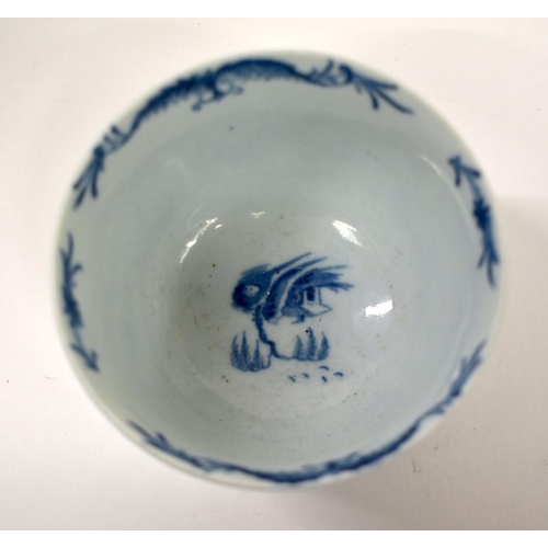 284 - Worcester teabowl and saucer with pleat moulding, painted in underglaze blue with the Fisherman and ... 