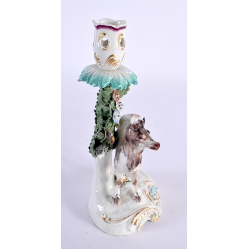 2 - AN 18TH CENTURY ENGLISH PORCELAIN CANDLESTICK formed as a standing deer, behind an encrusted floral ... 