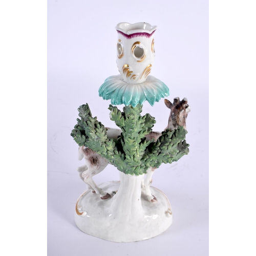 2 - AN 18TH CENTURY ENGLISH PORCELAIN CANDLESTICK formed as a standing deer, behind an encrusted floral ... 