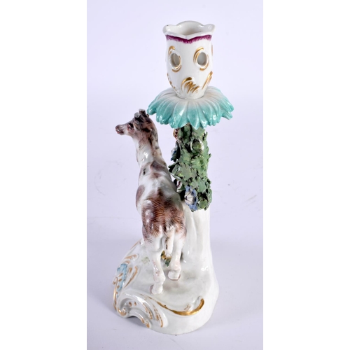 2 - AN 18TH CENTURY ENGLISH PORCELAIN CANDLESTICK formed as a standing deer, behind an encrusted floral ... 