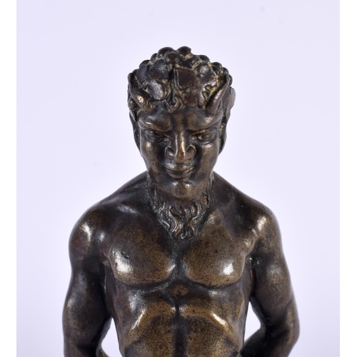 313 - A FINE 19TH CENTURY FRENCH BRONZE AND MARBLE FIGURE OF SATYR modelled with arms behind his back, upo... 