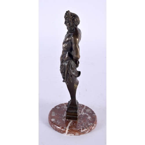 313 - A FINE 19TH CENTURY FRENCH BRONZE AND MARBLE FIGURE OF SATYR modelled with arms behind his back, upo... 