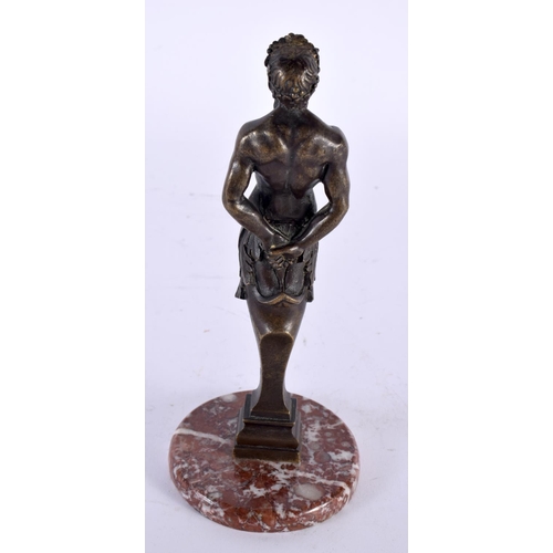 313 - A FINE 19TH CENTURY FRENCH BRONZE AND MARBLE FIGURE OF SATYR modelled with arms behind his back, upo... 