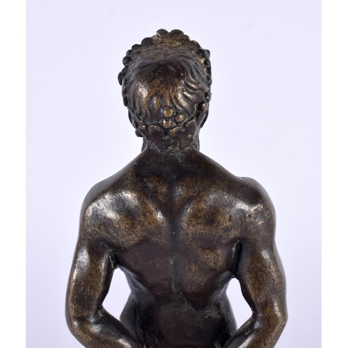 313 - A FINE 19TH CENTURY FRENCH BRONZE AND MARBLE FIGURE OF SATYR modelled with arms behind his back, upo... 