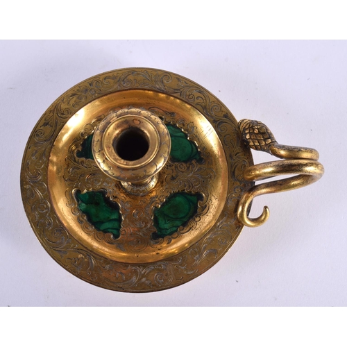 316 - A LOVELY 19TH CENTURY FRENCH GILT ENGRAVED METAL AND MALACHITE CHAMBERSTICK with serpent handle. 12 ... 