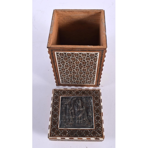 318 - A 19TH CENTURY MIDDLE EASTERN SILVER INLAID MICRO MOSAIC TEA CADDY AND COVER decorated with figures.... 