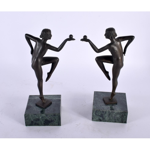 331 - A PAIR OF ART DECO BRONZE FIGURES OF DANCERS modelled upon marble plinths. 21 cm high.