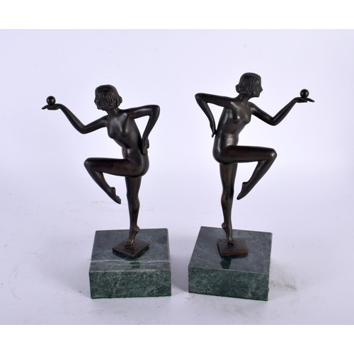 331 - A PAIR OF ART DECO BRONZE FIGURES OF DANCERS modelled upon marble plinths. 21 cm high.