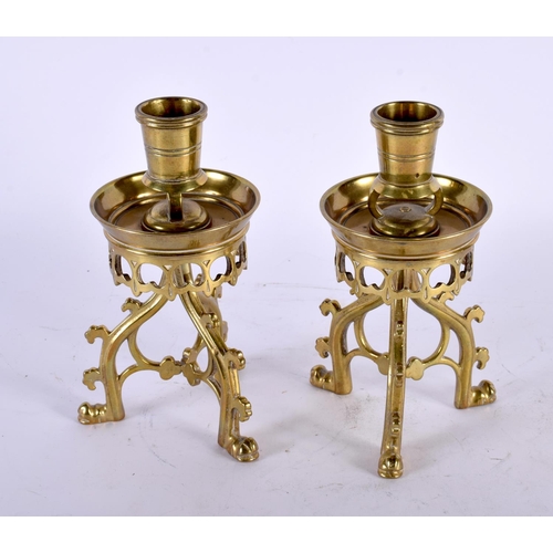 333 - A STYLISH PAIR OF 19TH CENTURY GOTHIC REVIVAL PUGIN STYLE BRONZE CANDLESTICKS by Adolph Frankau & Co... 