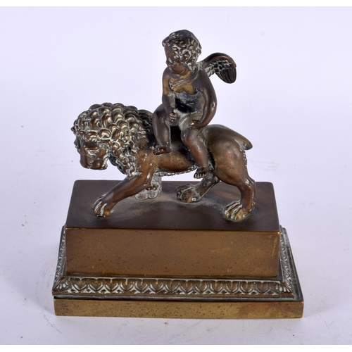 335 - A LOVELY EARLY 19TH CENTURY ENGLISH REGENCY BRONZE INKWELL depicting a winged boy riding upon a lion... 