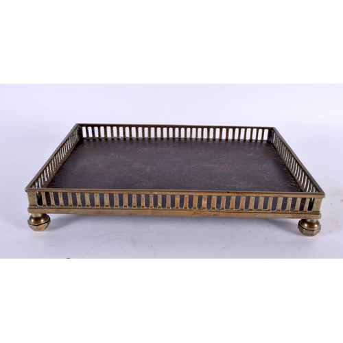 337 - AN ANTIQUE BRASS GALLERIED RECTANGULAR COUNTRY HOUSE TRAY. 27 cm x 20cm.