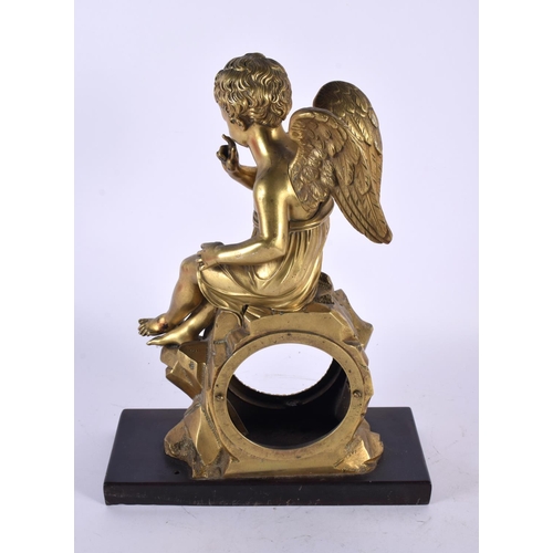 338 - A FINE 19TH CENTURY EUROPEAN ORMOLU CLOCK CASE formed as a winged putti upon a naturalistic outcrop.... 