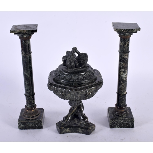 342 - A 19TH CENTURY ITALIAN CARVED SERPENTINE GRAND TOUR GARNITURE comprising of pair of columns with bro... 