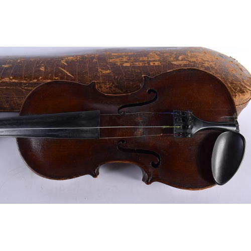 343 - A CASED SINGLE PIECE BACK VIOLIN together with a bow. Violin 57 cm long, length of back 35.5 cm. (2)