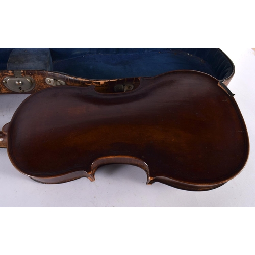 343 - A CASED SINGLE PIECE BACK VIOLIN together with a bow. Violin 57 cm long, length of back 35.5 cm. (2)