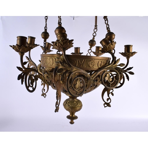 347 - A LATE 19TH CENTURY ARTS AND CRAFTS BRONZE HANGING CHANDELIER bearing inscription to rim Lucernum Ch... 