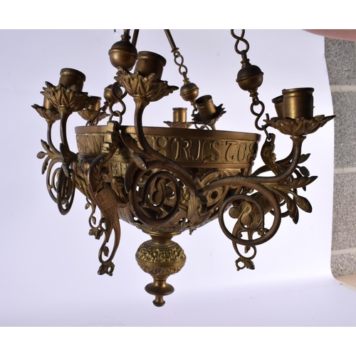 347 - A LATE 19TH CENTURY ARTS AND CRAFTS BRONZE HANGING CHANDELIER bearing inscription to rim Lucernum Ch... 