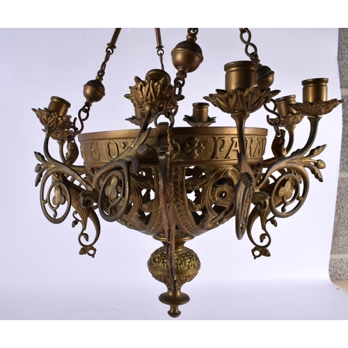 347 - A LATE 19TH CENTURY ARTS AND CRAFTS BRONZE HANGING CHANDELIER bearing inscription to rim Lucernum Ch... 