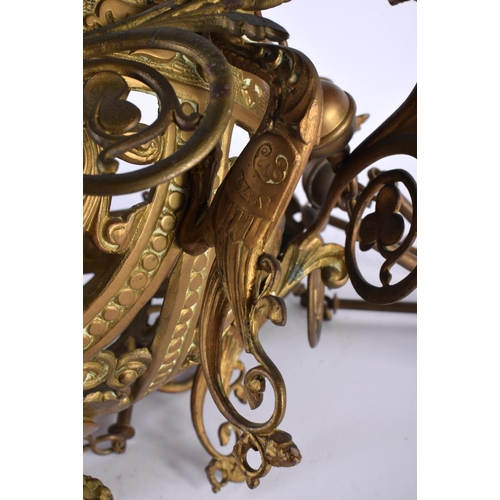 347 - A LATE 19TH CENTURY ARTS AND CRAFTS BRONZE HANGING CHANDELIER bearing inscription to rim Lucernum Ch... 