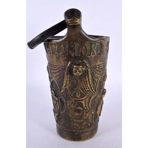 363 - AN UNUSUAL ANTIQUE CONTINENTAL BRONZE SWING HANDLED MEASURING BUCKET decorated in relief with eccles... 