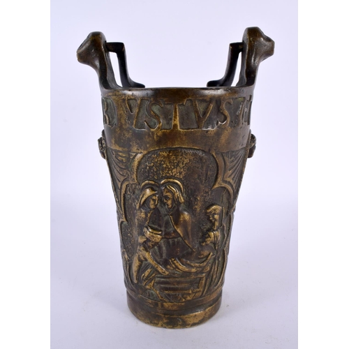 363 - AN UNUSUAL ANTIQUE CONTINENTAL BRONZE SWING HANDLED MEASURING BUCKET decorated in relief with eccles... 