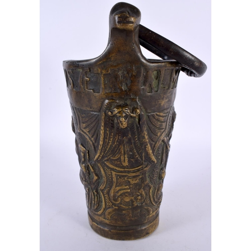 363 - AN UNUSUAL ANTIQUE CONTINENTAL BRONZE SWING HANDLED MEASURING BUCKET decorated in relief with eccles... 