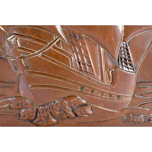 367 - A LARGE ENGLISH ARTS AND CRAFTS REPOUSSE COPPER PANEL possibly Newlyn, depicting a large viking ship... 