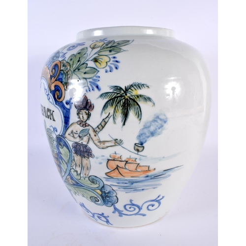 37 - A LARGE DUTCH DELFT MAJOLICA DELFT PORCELAIN TOBACCO JAR painted with figures within exotic landscap... 