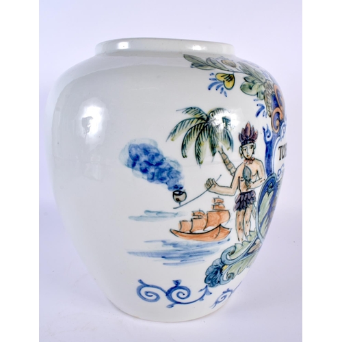 37 - A LARGE DUTCH DELFT MAJOLICA DELFT PORCELAIN TOBACCO JAR painted with figures within exotic landscap... 